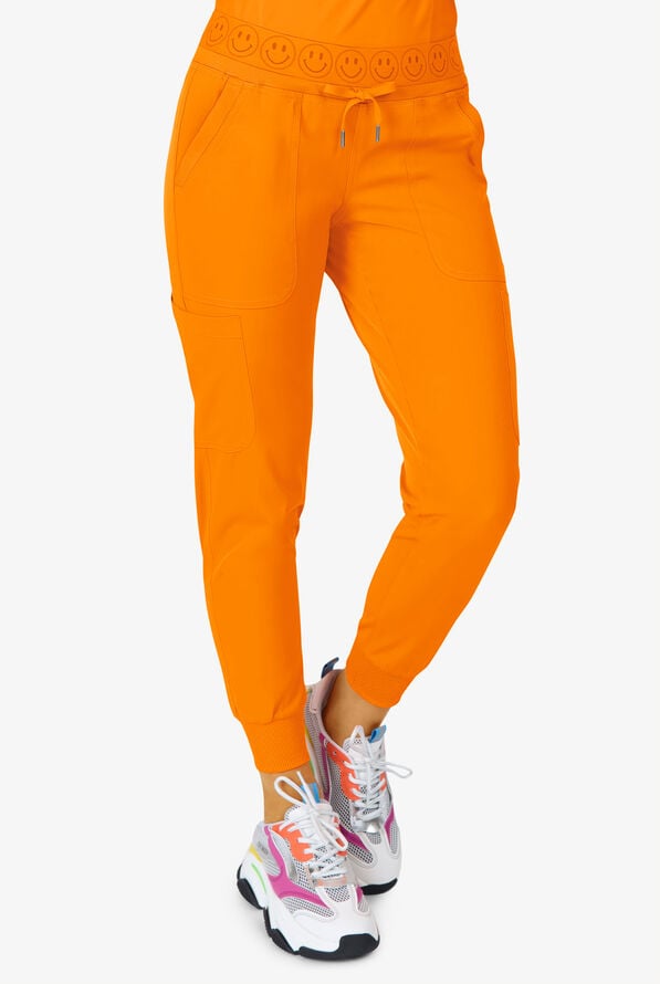 Zavate Ava Therese Women's 6-Pocket STRETCH Smile Face Elastic Waistband Cargo Jogger Scrub Pants - Orange Glow - 1