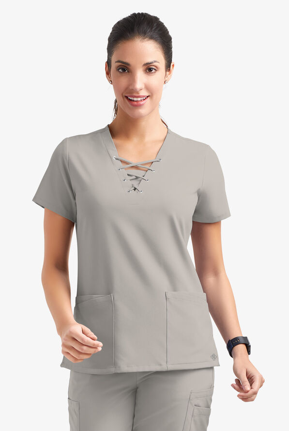 Easy STRETCH Gisele Women's 4-Pocket Lace Up V-Neck Scrub Top - Lunar Grey - 2