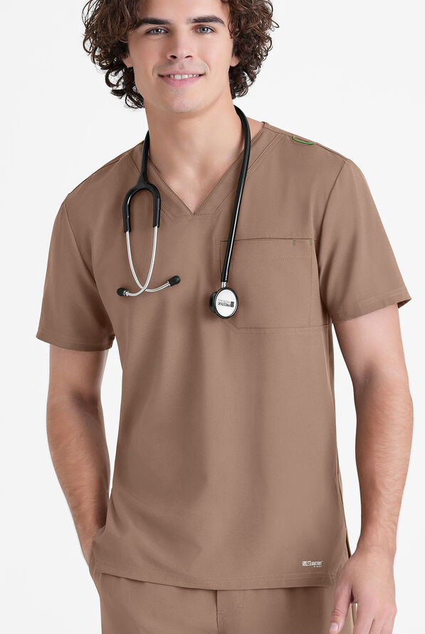 Grey's Anatomy by Barco Evolve STRETCH Journey Men's 1-Pocket Tuck In V-Neck Scrub Top - Driftwood - 2