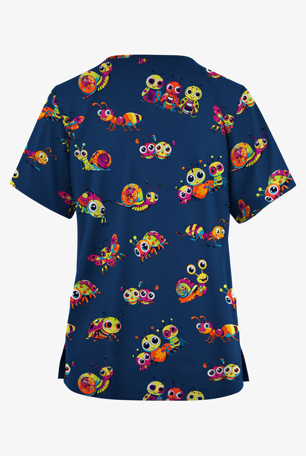 Blusa m&eacute;dica estampada Butter-Soft Originals Bug Parade Royal con cuello en V y 2 bolsillos para mujer - null - 2