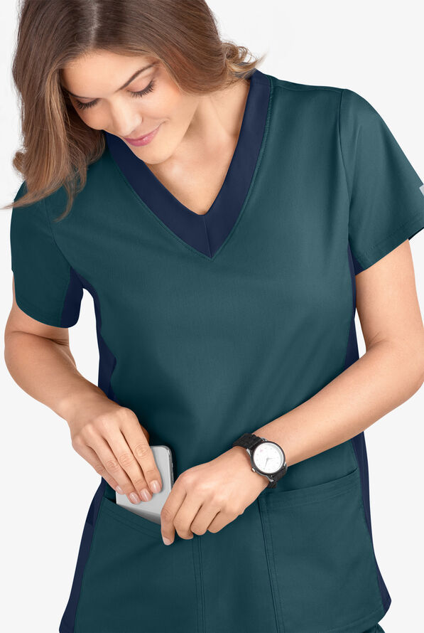 Butter-Soft STRETCH Women's 3-Pocket Contrast Scrub Top - Caribbean Blue/Navy - 3