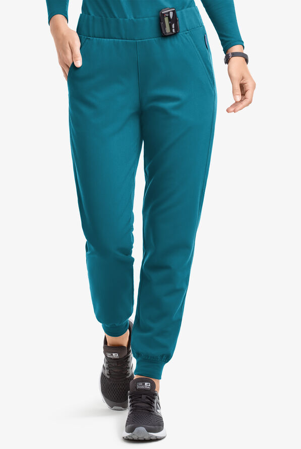 MOVEMENT by Butter-Soft Vega Women's 5-Pocket Flat Front Jogger STRETCH Scrub Pants - Petite - Caribbean Blue - 1