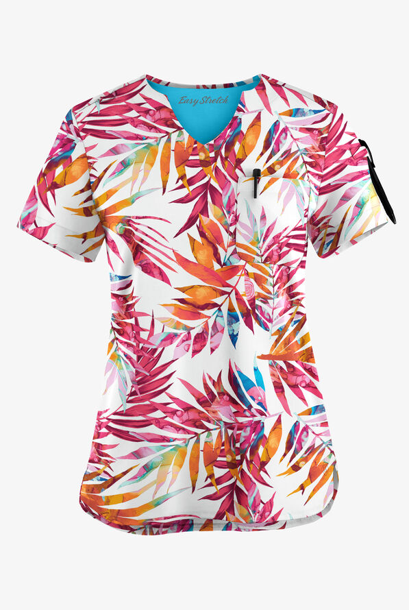Easy Stretch White Watercolor Women's 1-Pocket Tuck-In Scallop Neck Print Scrub Top - null - 1