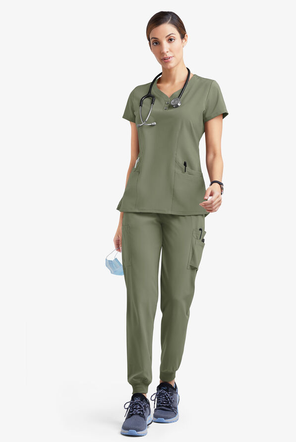 Easy STRETCH Demi Women's 4-Pocket Henley Scrub Top - Olive Leaf - 2