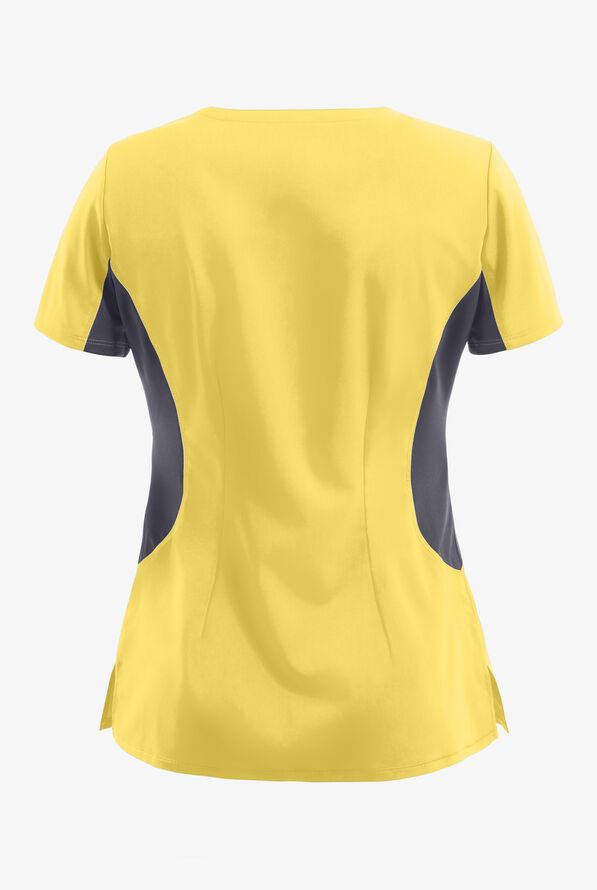 Healing Hands Purple Label Jessi Women's 3-Pocket STRETCH Y-Neck Scrub Top - Canary/Pewter - 2