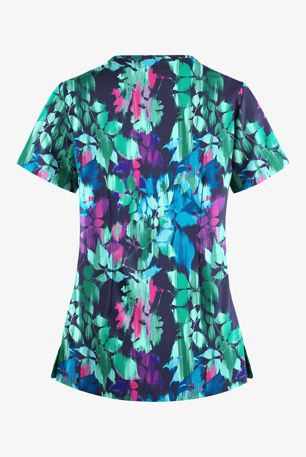 Blusa médica estampada Easy STRETCH Magical Garden Navy con cordones en el cuello en V y 4 bolsillos para mujer - null - 2