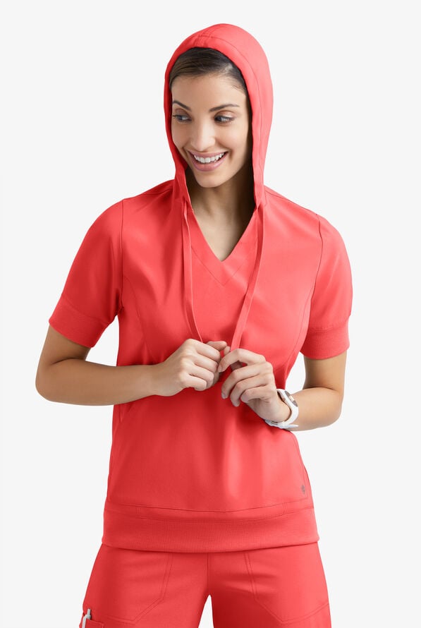 Easy STRETCH True Women's 3-Pocket Short Sleeve Pull-Over Scrub Hoodie - Radiant Red - 3