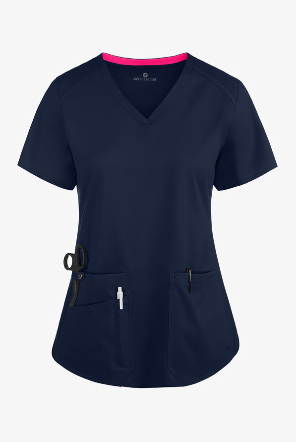 Med Couture Touch Women's 3-Pocket STRETCH Rib-Knit Side Panels Shirttail V- Neck Scrub Top - Navy - 1