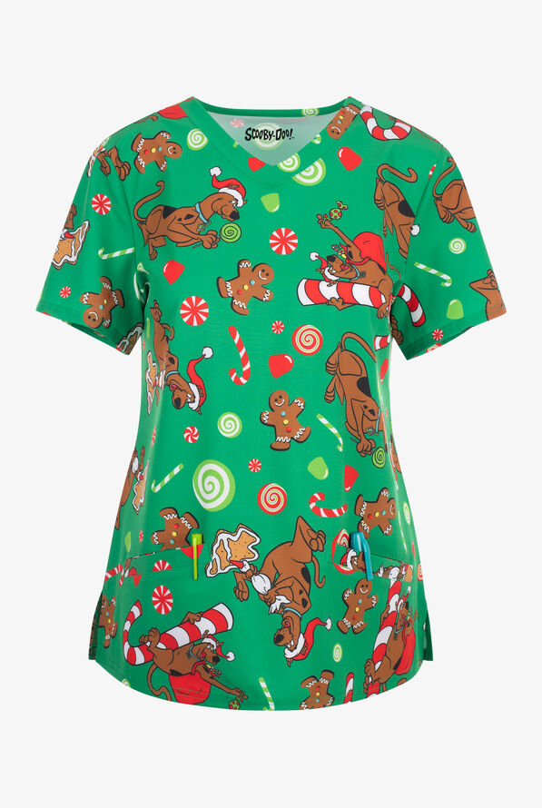 Scooby Doo Christmas by Funscrubs Women's 2-Pocket STRETCH V-Neck Print Scrub Top - null - 1