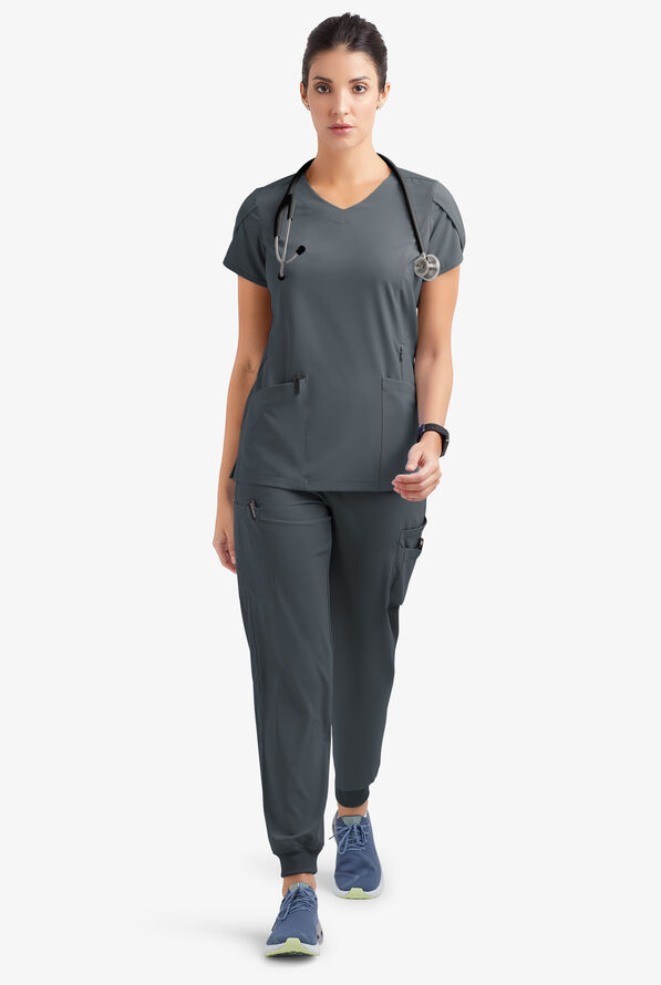 Blusa médica Easy STRETCH Daisy con cuello en V y 4 bolsillos para mujer - Pewter - 2