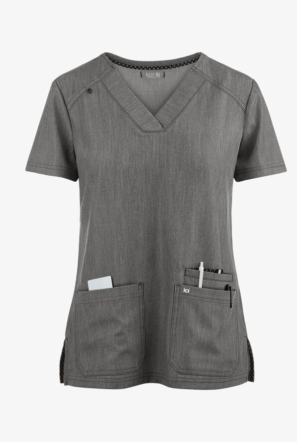koi Next Gen Hustle and Heart Women's 3-Pocket STRETCH V-Neck Scrub Top - Heather Grey - 1
