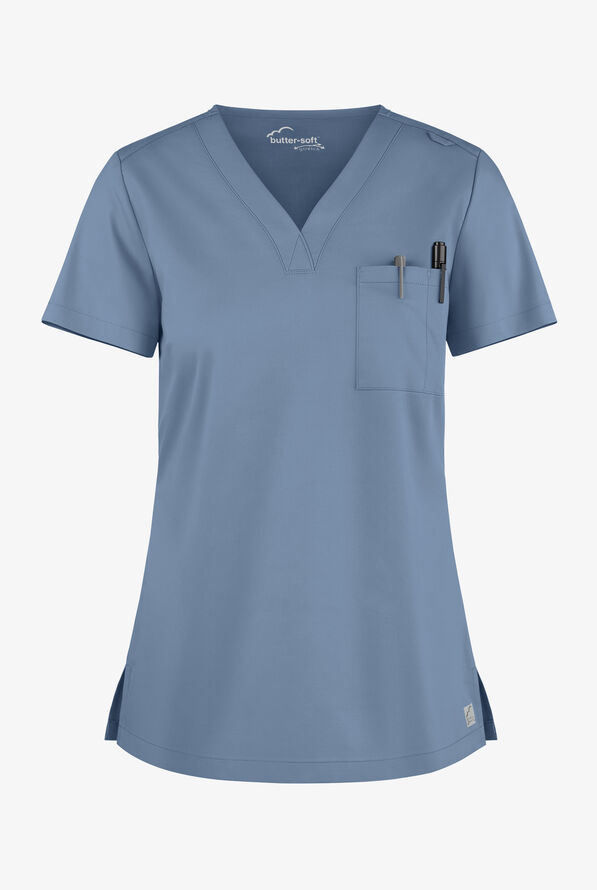 Butter-Soft STRETCH Women's 2-Pocket V-Neck Tuck-In Scrub Top - Indigo Batik - 1