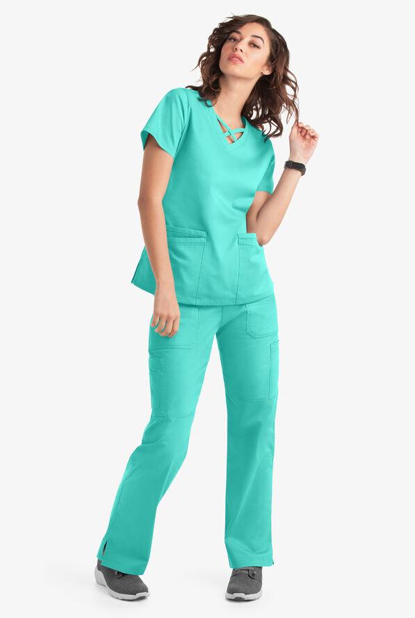 Butter-Soft STRETCH Women's 4-Pocket Crisscross Scrub Top - Aqua Dust - 6