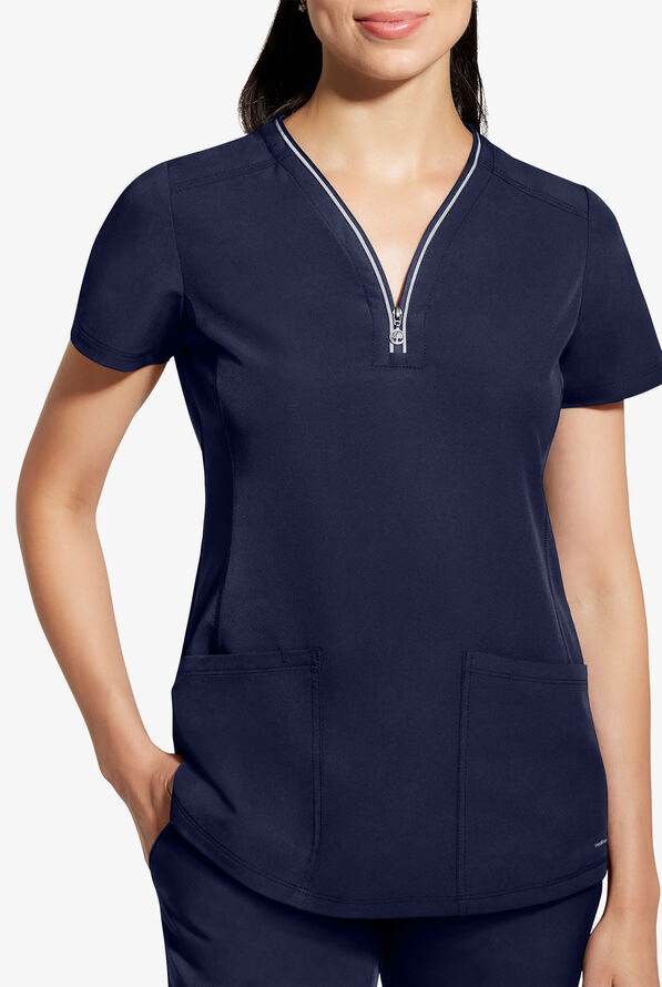 Healing Hands 360 Sonia Women's 3-Pocket STRETCH Reflective Y-Neck Zip Scrub Top - Navy - 2