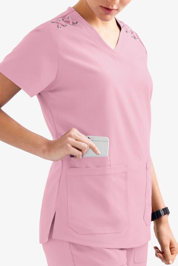 Easy STRETCH Leila Women's 3-Pocket Lace Up Grommet Scrub Top - Pink Peony - 3