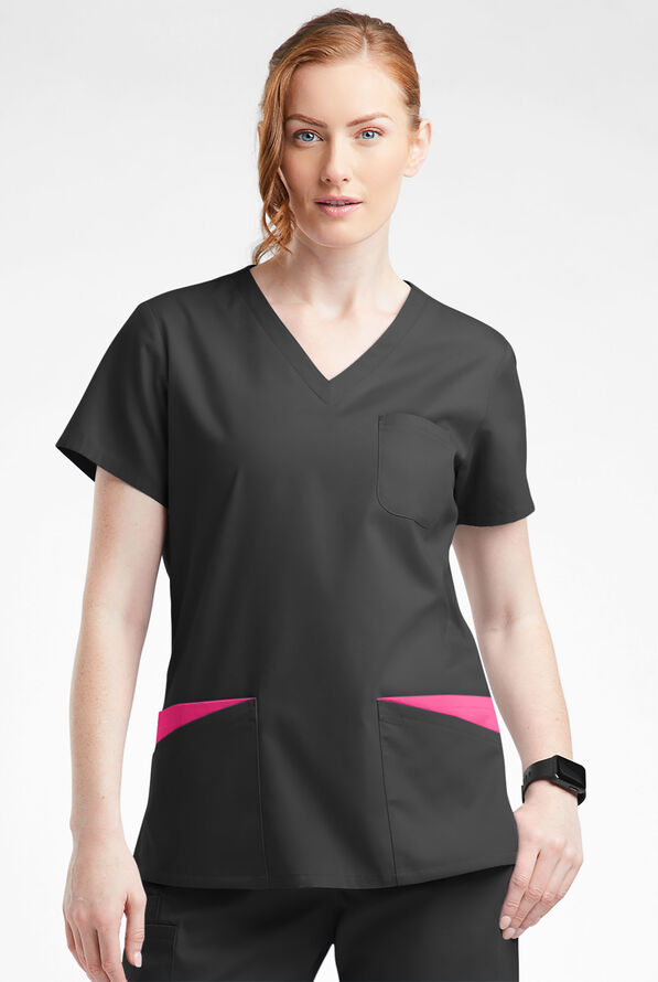 Butter-Soft Originals Women's 7-Pocket Rounded V-Neck Scrub Top - Black/Fuchsia - 2