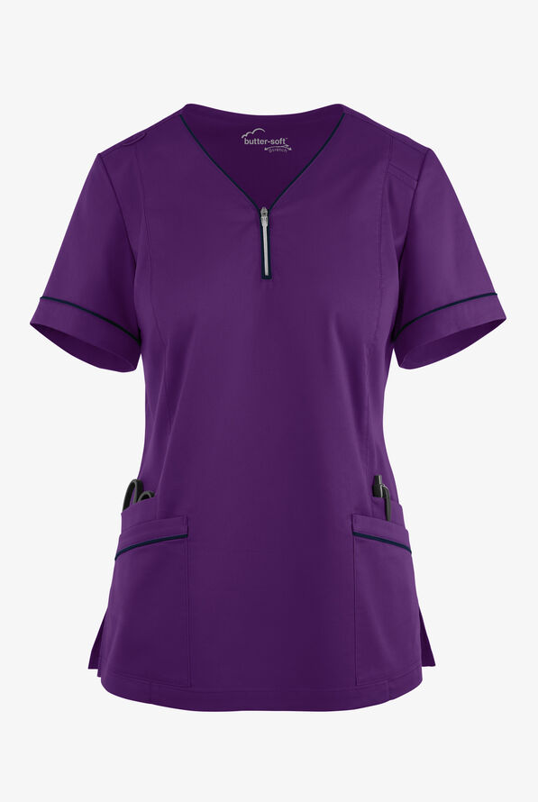 Butter-Soft STRETCH Women's 5-Pocket V-Neck with Front Zipper Scrub Top - Eggplant/Navy - 1