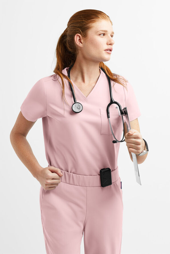 MOVEMENT by Butter-Soft Ceti Women's 1-Pocket V-Neck Tuck-In STRETCH Scrub Top - Mauve Shadow - 2