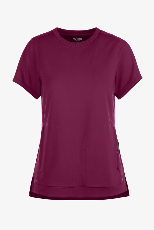 Wink Renew Knit Women's 2-Pocket STRETCH Rib-Knit Crew Neck Scrub Top - Wine - 1