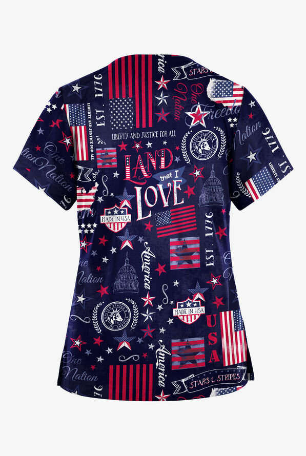 Butter-Soft Originals Freedom USA Navy Women's 2-Pocket V-Neck Print Scrub Top - null - 2