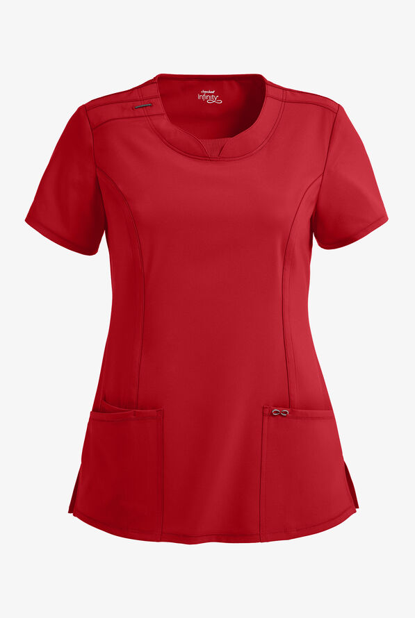 Infinity Women's 3-Pocket STRETCH Round Neck Scrub Top - Red - 1