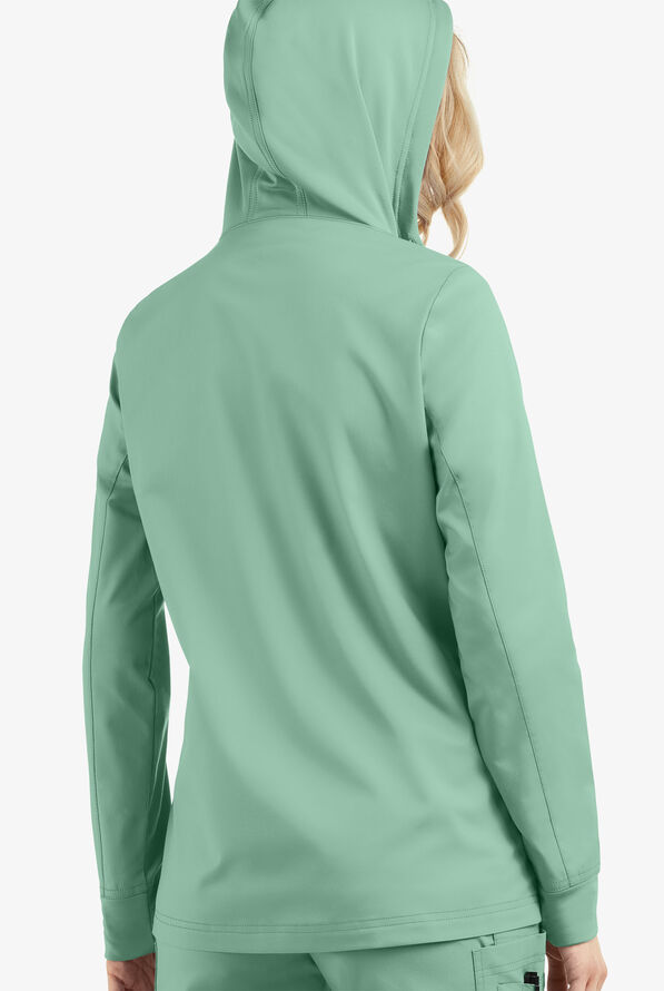 Butter-Soft STRETCH Women's 3-Pocket Zip-Front with Cozy Knit Hood and Trim Scrub Jacket - Water Mint - 4