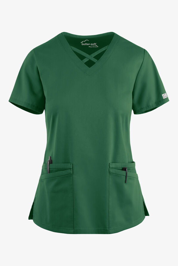 Blusa m&eacute;dica UA Butter-Soft STRETCH con lazos entrecruzados y 4 bolsillos para mujer - Hunter - 1