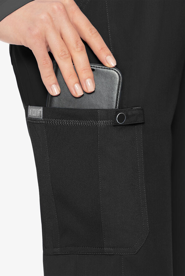 Med Couture Touch Women's 6-Pocket STRETCH Jersey Knit Waist Drawstring Cargo Yoga Scrub Pants - Black - 4