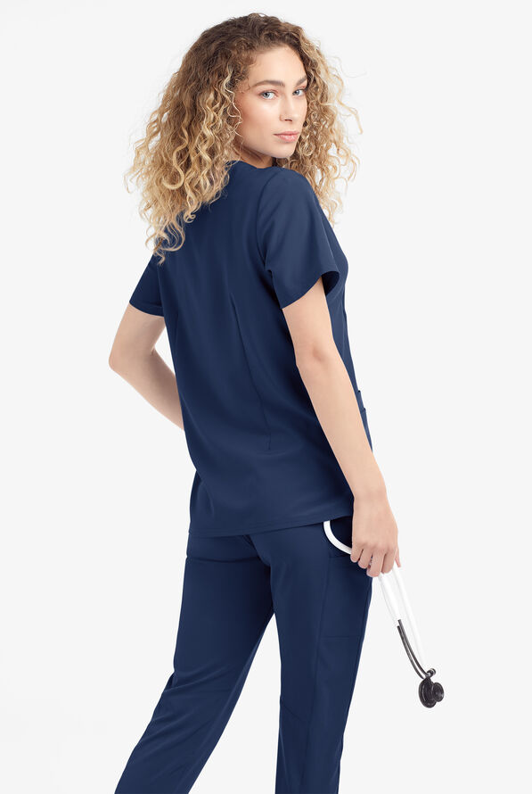 Blusa m&eacute;dica Easy STRETCH Arianna con cuello curvo y 4 bolsillos para mujer - Navy - 3