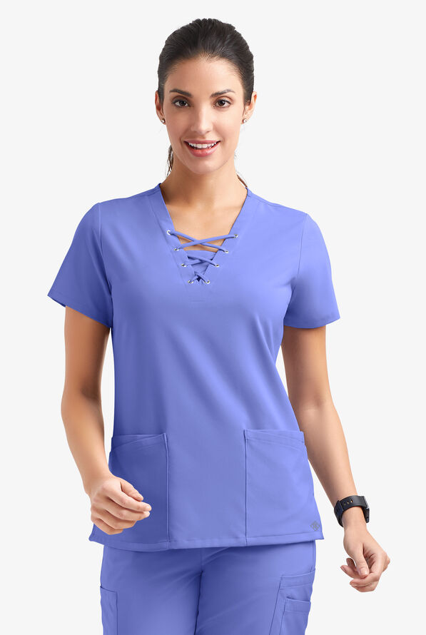 Easy STRETCH Gisele Women's 4-Pocket Lace Up V-Neck Scrub Top - Deep Cornflower - 2