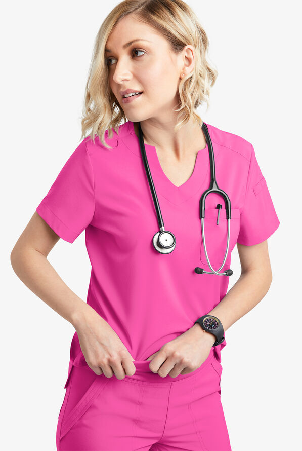 Easy STRETCH Nikki Women's 1-Pocket Scallop Neck Tuck-In Scrub Top - Glam Pink - 6