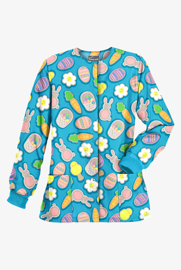 Butter-Soft Easter Cookies Turquoise Women's 2-Pocket Warm Up Print Scrub Jacket - null - 1