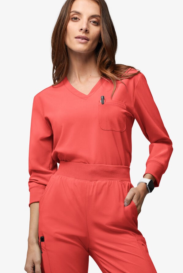 Easy STRETCH Women's Josie 2-Pocket Relaxed 3/4" Sleeve Scrub Top - Spiced Coral - 2