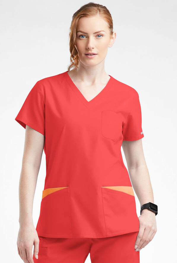 Butter-Soft Originals Women's 7-Pocket Curved V-Neck Scrub Top - Radiant Red/Apricot Crush - 2
