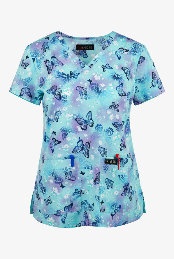 koi Basics Spring Butterfly Women's 2-Pocket STRETCH V-Neck Print Scrub Top - null - 1