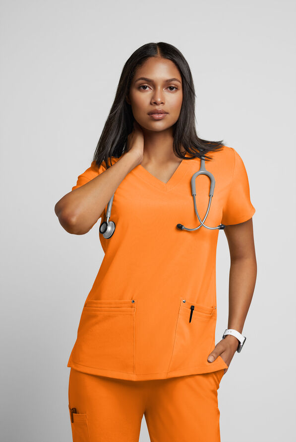 Easy STRETCH Lina Mitered Women's 4-Pocket V-Neck Scrub Top - Apricot Crush - 2