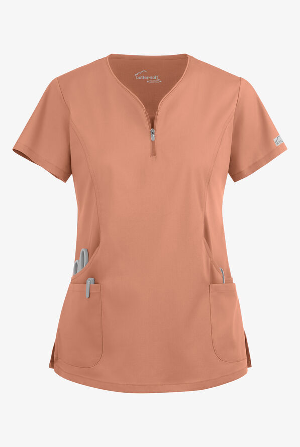 Butter-Soft STRETCH Women's 4-Pocket Curved Neck Zipper Scrub Top - Terracotta - 1