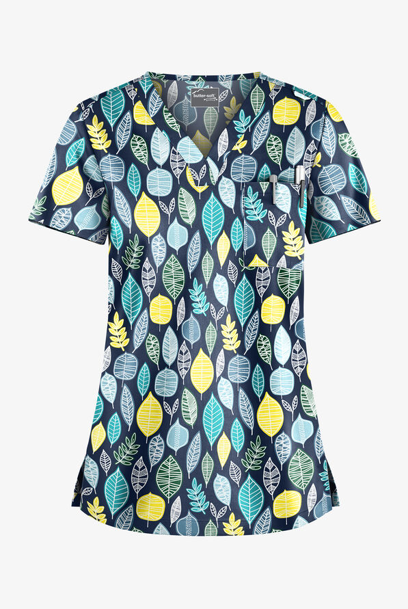 UA ButterSoft STRETCH Swedish Leaves Navy Women's 1Pocket VNeck Print Scrub Top, Print Scrubs