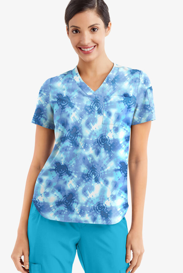 Easy STRETCH Tie-Dye Cerulean Women's 2-Pocket Tuck-In V-Neck Print Scrub Top - null - 2