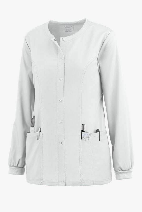 Cherokee Workwear Revolution Women's 3-Pocket STRETCH Snap Front Scrub Jacket - White - 1