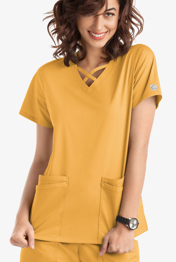 Blusa m&eacute;dica UA Butter-Soft STRETCH con lazos entrecruzados y 4 bolsillos para mujer - Apricot Sunset - 2
