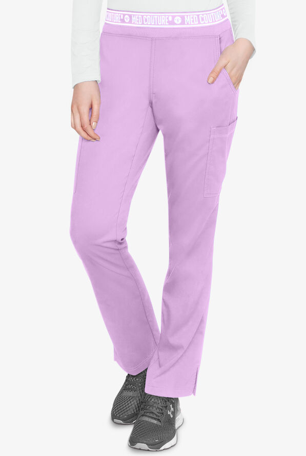 Med Couture Touch Women's 7-Pocket STRETCH Logo Elastic Double Cargo Yoga Scrub Pants - Lilac - 1