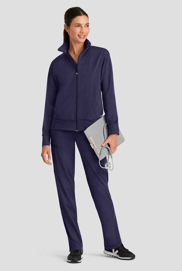 Grey's Anatomy by Barco Knit STRETCH Ease Warm Up Women's 4-Pocket Zip Front Scrub Jacket - Indigo - 6