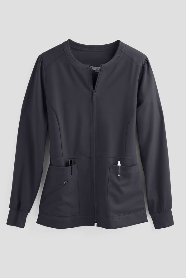 Grey's Anatomy by Barco Spandex STRETCH Millie Women's 3-Pocket Zip Front Warm Up Scrub Jacket - Steel Gray - 1