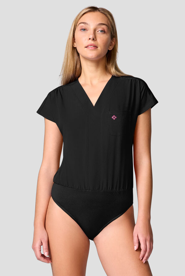 Med Couture Amp Women's 1-Pocket STRETCH Dolman Sleeve V-Neck Scrub Body Suit - Black - 1