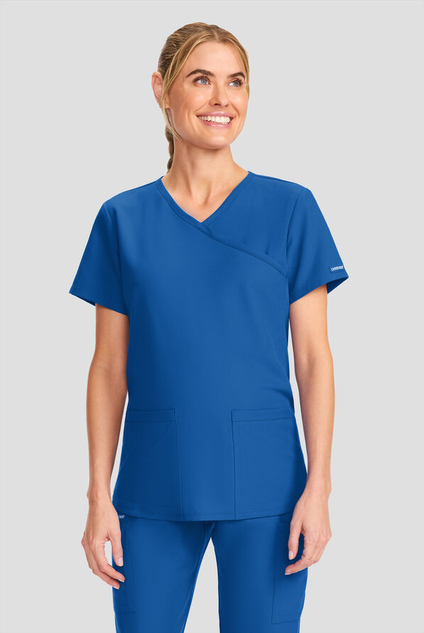 Cherokee Workwear Originals Ultra Women's 2-Pocket STRETCH Maternity Mock Wrap Scrub Top - Royal - 2
