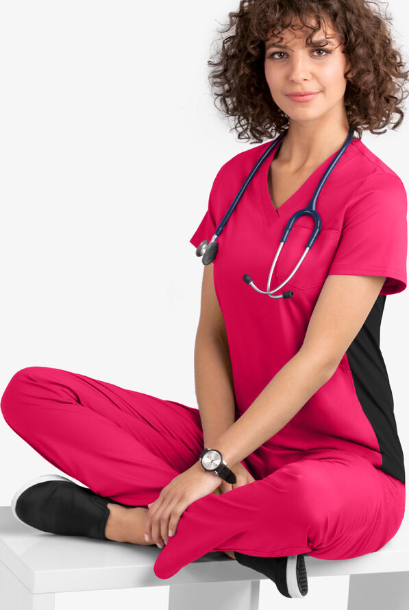 UA Flex2 Women's 3-Pocket Knit Side Panels V-Neck STRETCH Scrub Top - Fuchsia/Black - 2