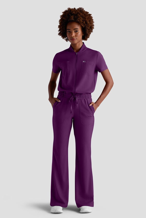 Easy STRETCH Nika Women's Zip Front Scrub Top&ndash; 2-Piece Jumpsuit Top - Eggplant - 2