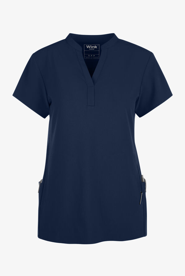 Wink Renew Women's 4-Pocket STRETCH Mandarin Collar Scrub Top - Navy - 1