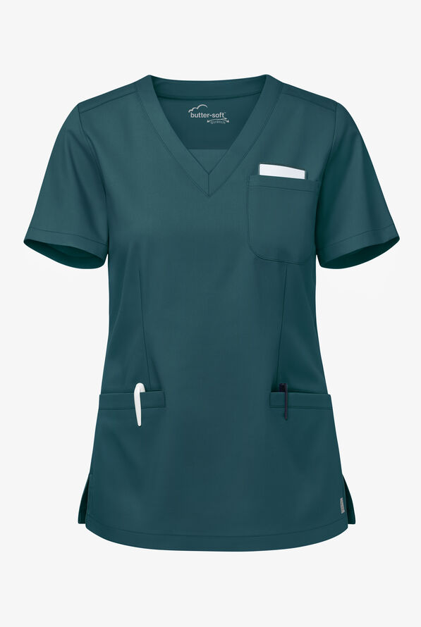 Blusa médica UA Butter-Soft STRETCH con cuello en V y 3 bolsillos de ojal para mujer - Caribbean Blue - 1